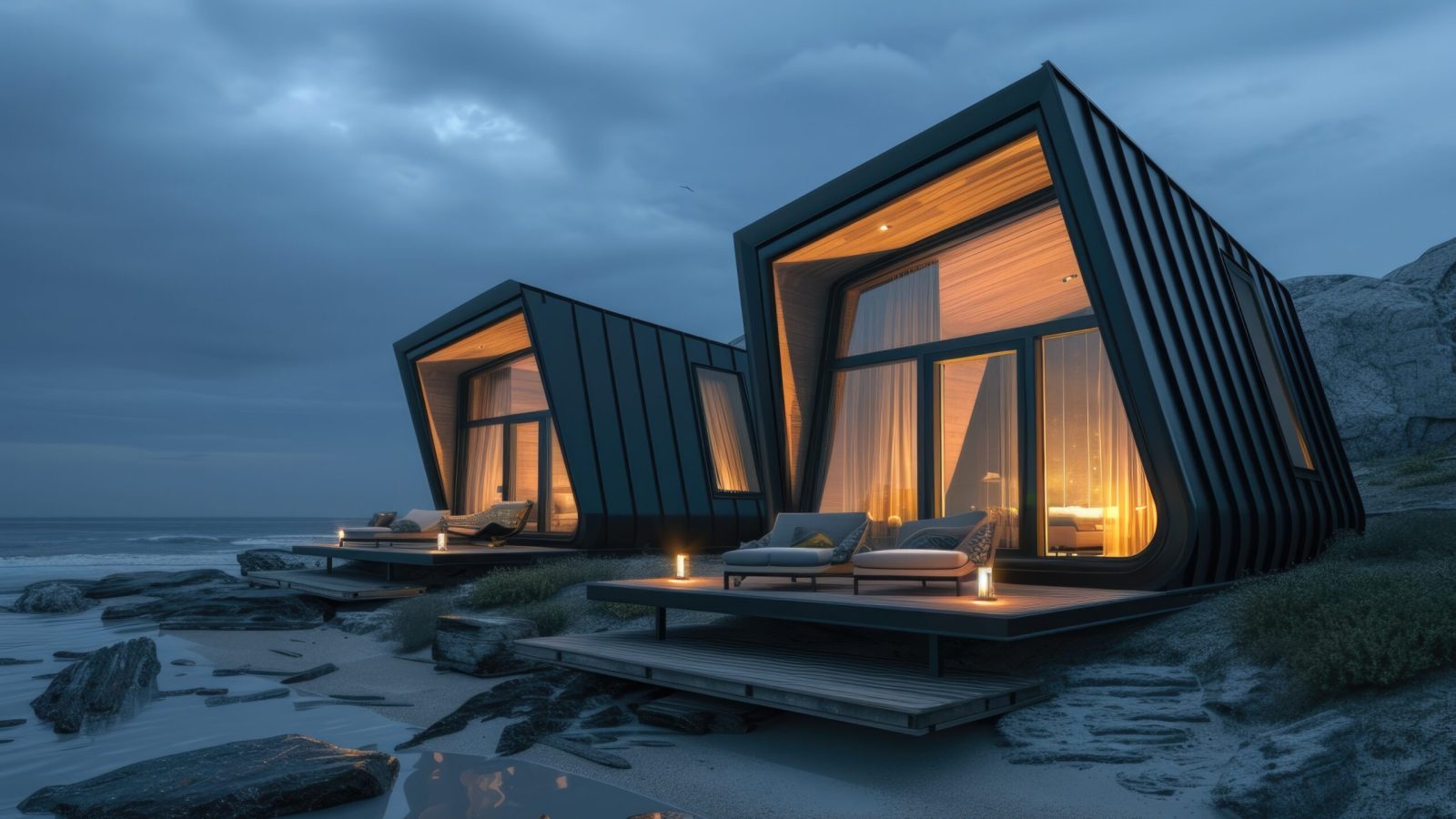 modern cabins with a design for modern modern resort, in the style of rendered in cinema4d, atmospheric seascapes, light black and dark amber, en plein air beach scenes, pristine geometry, angular, night photography --ar 3:2 --v 6 Job ID: 9971d16c-e713-463e-8f13-5d5bdaab45eb